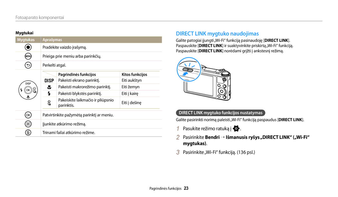 Samsung EC-WB250FBPBE2 manual Direct Link mygtuko naudojimas, Pasukite režimo ratuką į n, Pasirinkite„Wi-Fi funkciją psl 