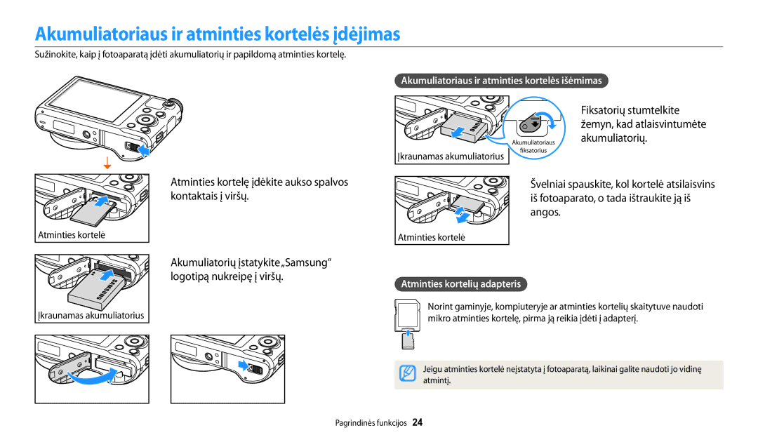 Samsung EC-WB250FBPWE2 Akumuliatoriaus ir atminties kortelės įdėjimas, Akumuliatoriaus ir atminties kortelės išėmimas 