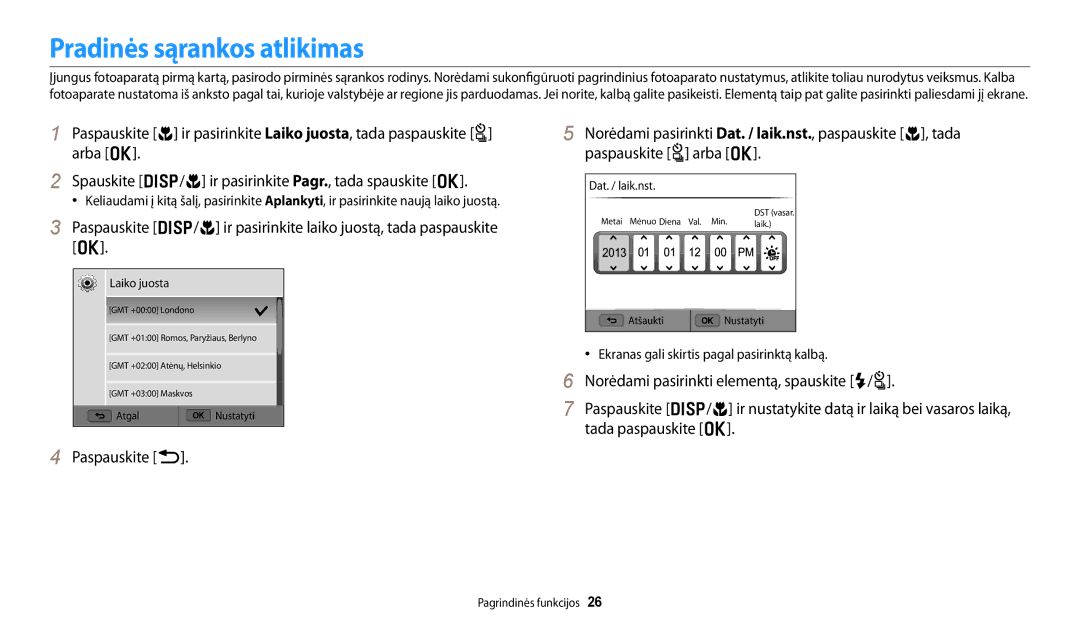 Samsung EC-WB250FFPBE2, EC-WB250FBPBE2 manual Pradinės sąrankos atlikimas, Ekranas gali skirtis pagal pasirinktą kalbą 