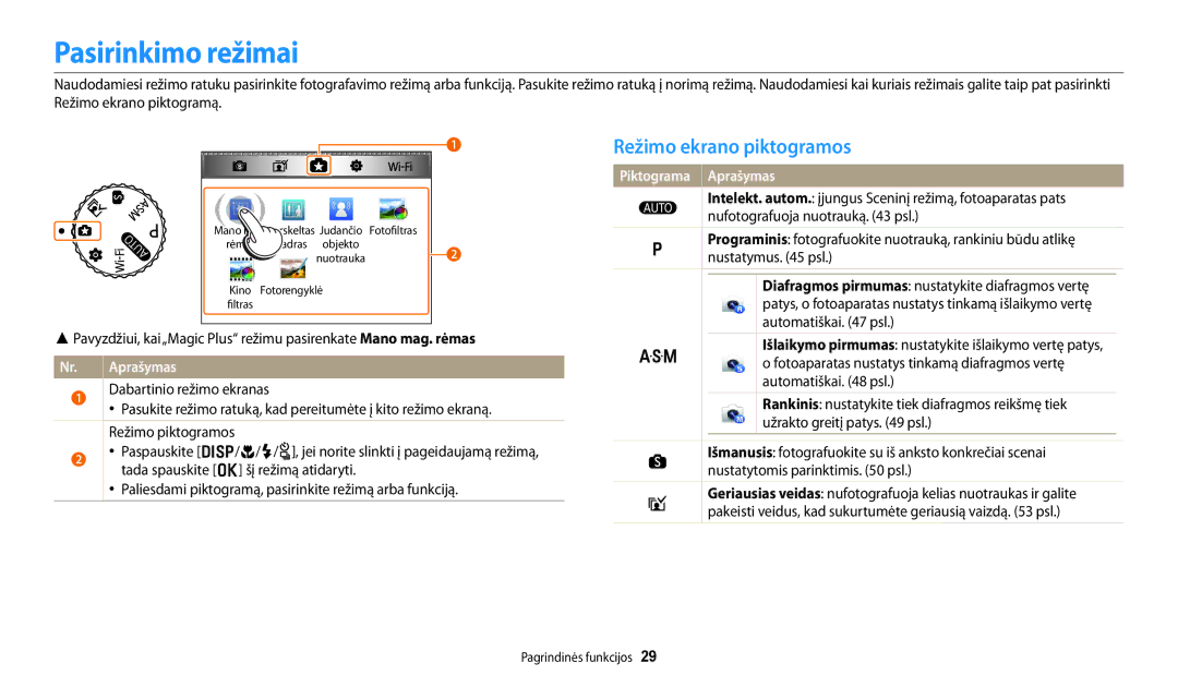 Samsung EC-WB250FBPBE2, EC-WB250FBPWE2, EC-WB250FFPWE2, EC-WB250FFPBE2 manual Pasirinkimo režimai, Režimo ekrano piktogramos 