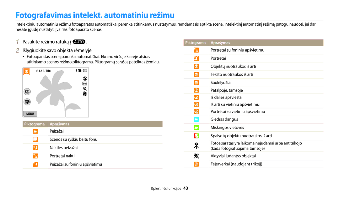 Samsung EC-WB250FFPWE2, EC-WB250FBPBE2, EC-WB250FBPWE2 Fotografavimas intelekt. automatiniu režimu, Piktograma Aprašymas 