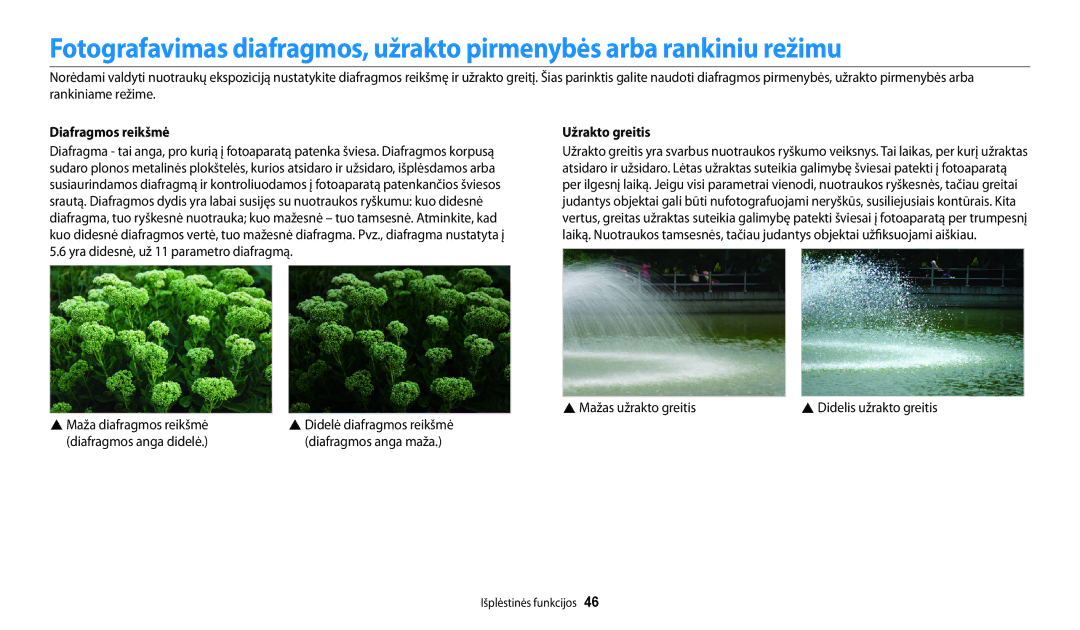 Samsung EC-WB250FFPRE2, EC-WB250FBPBE2, EC-WB250FBPWE2 manual Diafragmos reikšmė, Užrakto greitis, Mažas užrakto greitis 