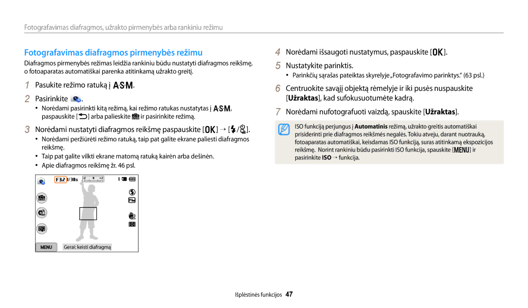 Samsung EC-WB250FBPBE2, EC-WB250FBPWE2 Fotografavimas diafragmos pirmenybės režimu, Pasukite režimo ratuką į G Pasirinkite 