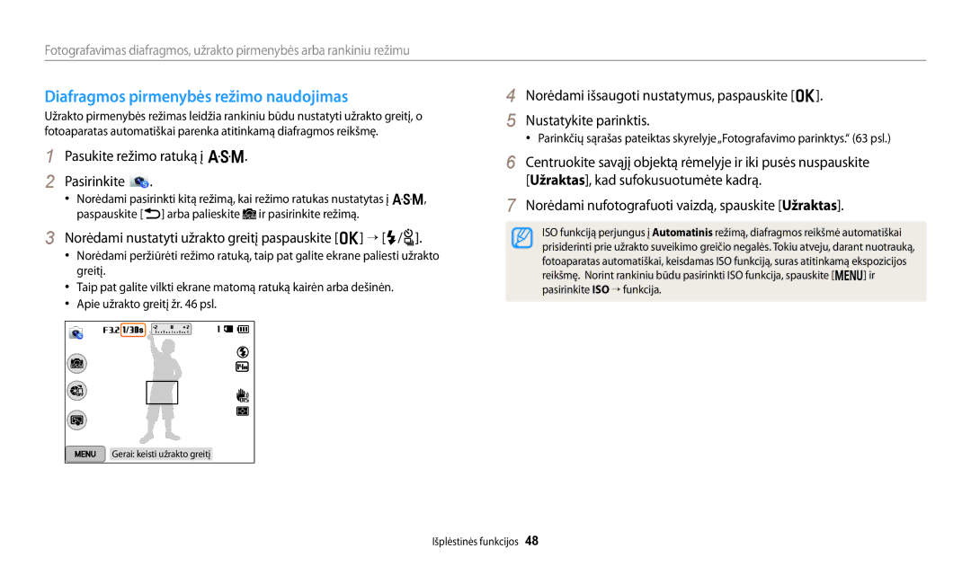 Samsung EC-WB250FBPWE2 Diafragmos pirmenybės režimo naudojimas, Norėdami nustatyti užrakto greitį paspauskite o “ F/t 