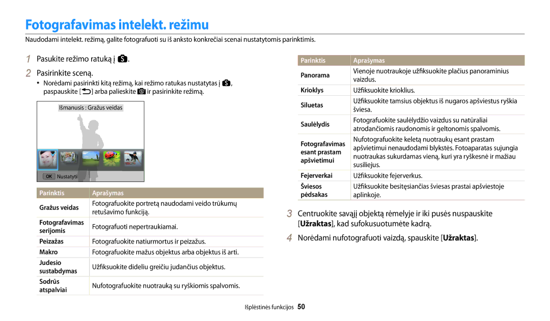 Samsung EC-WB250FFPBE2 Fotografavimas intelekt. režimu, Pasukite režimo ratuką į s Pasirinkite sceną, Parinktis Aprašymas 