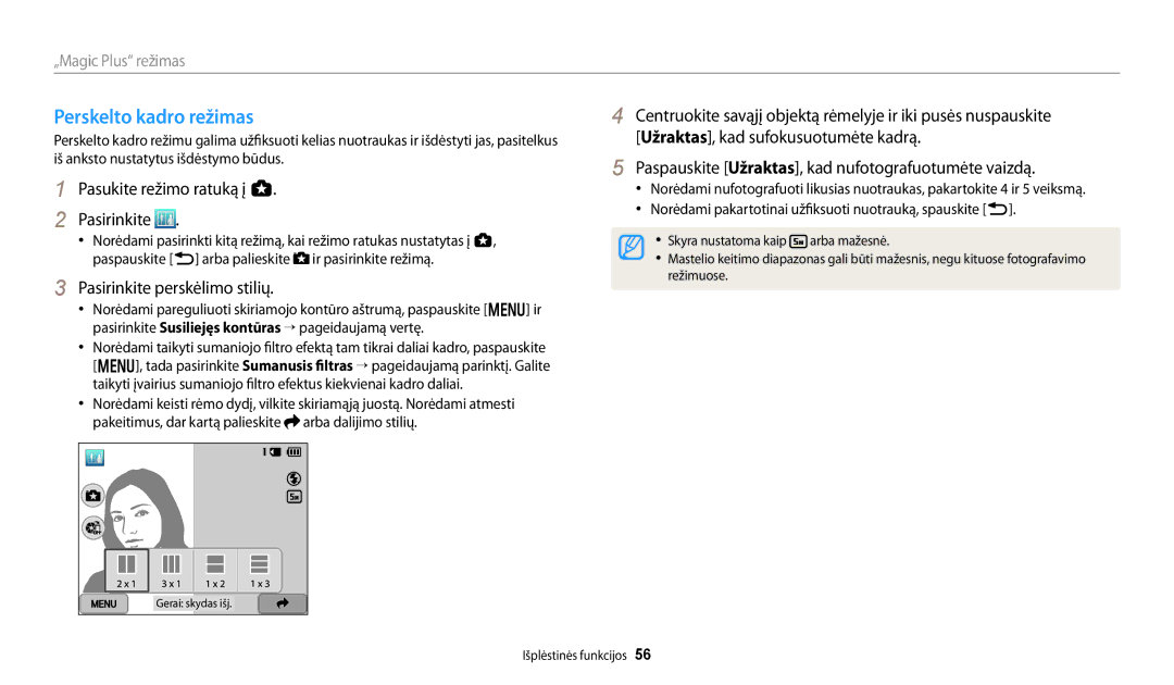 Samsung EC-WB250FFPBE2, EC-WB250FBPBE2, EC-WB250FBPWE2 manual Perskelto kadro režimas, Pasirinkite perskėlimo stilių 