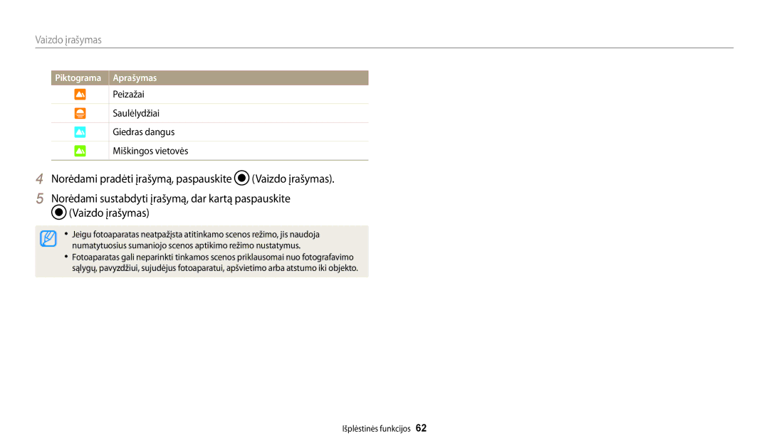 Samsung EC-WB250FFPBE2, EC-WB250FBPBE2 manual Piktograma Aprašymas, Peizažai Saulėlydžiai Giedras dangus Miškingos vietovės 