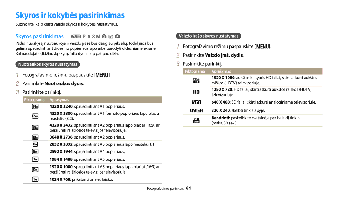 Samsung EC-WB250FFPRE2 Skyros ir kokybės pasirinkimas, Skyros pasirinkimas T p a h M s i g, Pasirinkite Nuotraukos dydis 