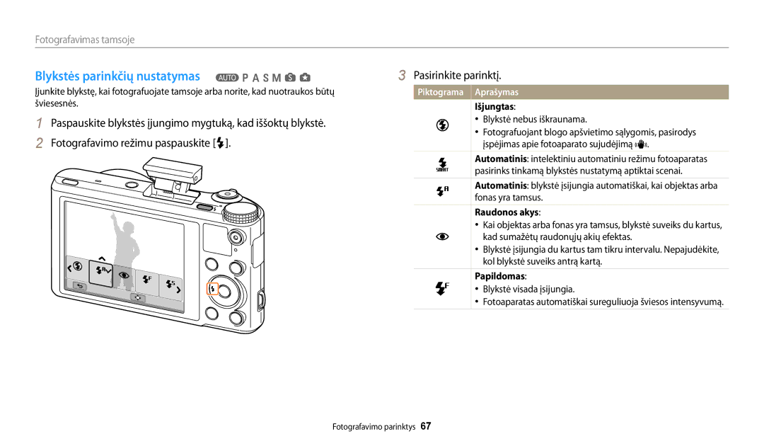 Samsung EC-WB250FFPWE2, EC-WB250FBPBE2 Blykstės parinkčių nustatymas T p a h M s g, Išjungtas, Raudonos akys, Papildomas 