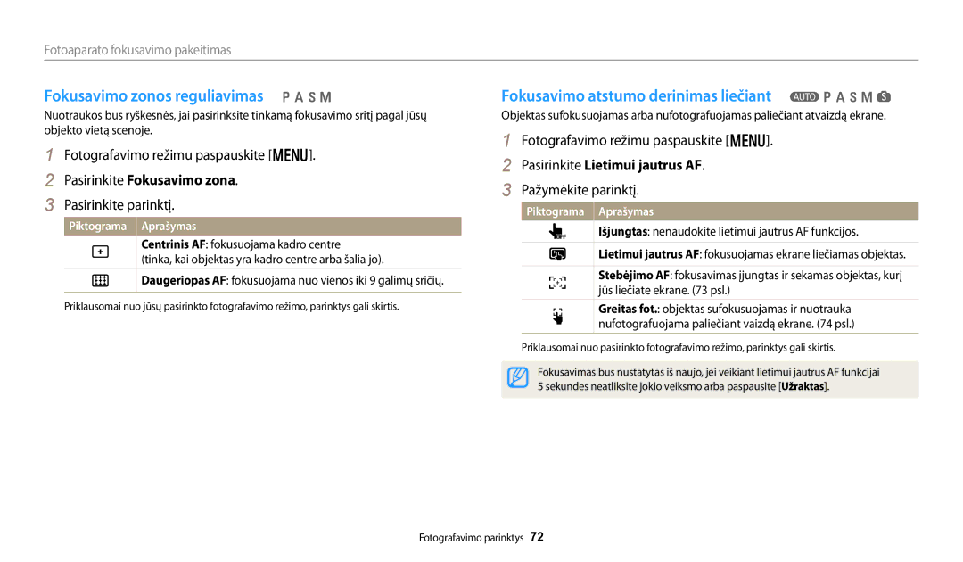 Samsung EC-WB250FBPWE2 manual Fokusavimo zonos reguliavimas p a h M, Fokusavimo atstumo derinimas liečiant T p a h M s 