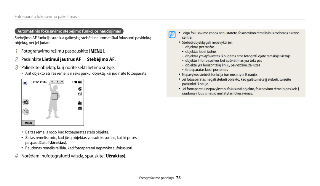 Samsung EC-WB250FFPWE2, EC-WB250FBPBE2, EC-WB250FBPWE2, EC-WB250FFPBE2 manual Pasirinkite Lietimui jautrus AF “ Stebėjimo AF 