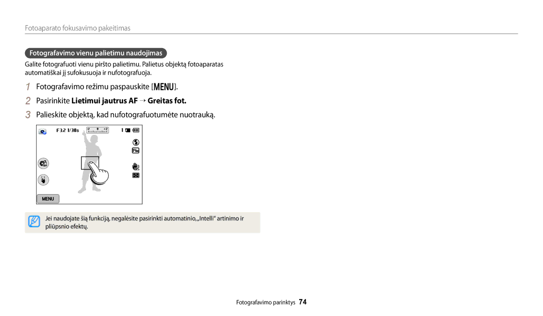 Samsung EC-WB250FFPBE2 Pasirinkite Lietimui jautrus AF “ Greitas fot, Palieskite objektą, kad nufotografuotumėte nuotrauką 