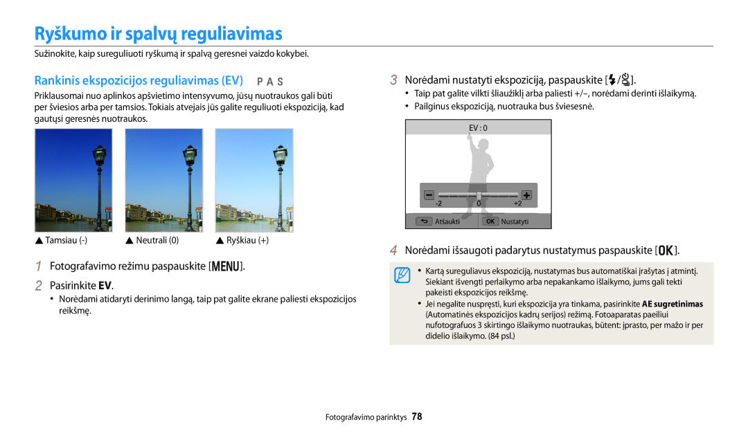 Samsung EC-WB250FBPWE2, EC-WB250FBPBE2 manual Ryškumo ir spalvų reguliavimas, Rankinis ekspozicijos reguliavimas EV p a h 