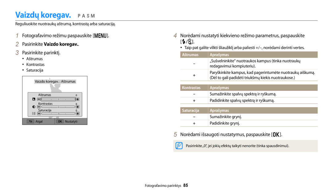 Samsung EC-WB250FFPWE2 manual Vaizdų koregav. p a h M, Pasirinkite Vaizdo koregav, Kontrastas Aprašymas, Saturacija 