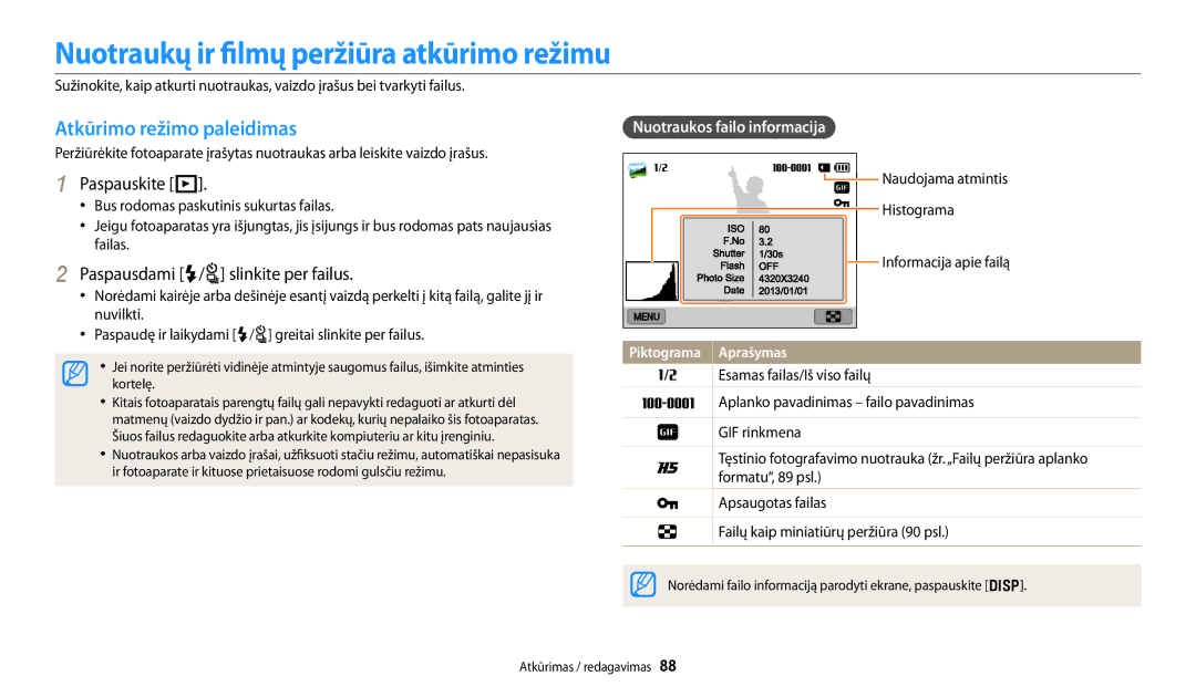 Samsung EC-WB250FFPRE2 manual Nuotraukų ir filmų peržiūra atkūrimo režimu, Atkūrimo režimo paleidimas, Paspauskite P 