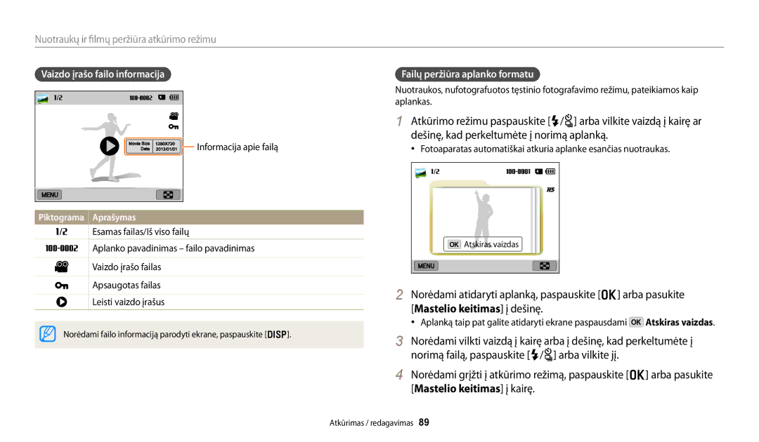 Samsung EC-WB250FBPBE2 manual Vaizdo įrašo failo informacija, Failų peržiūra aplanko formatu, Informacija apie failą 