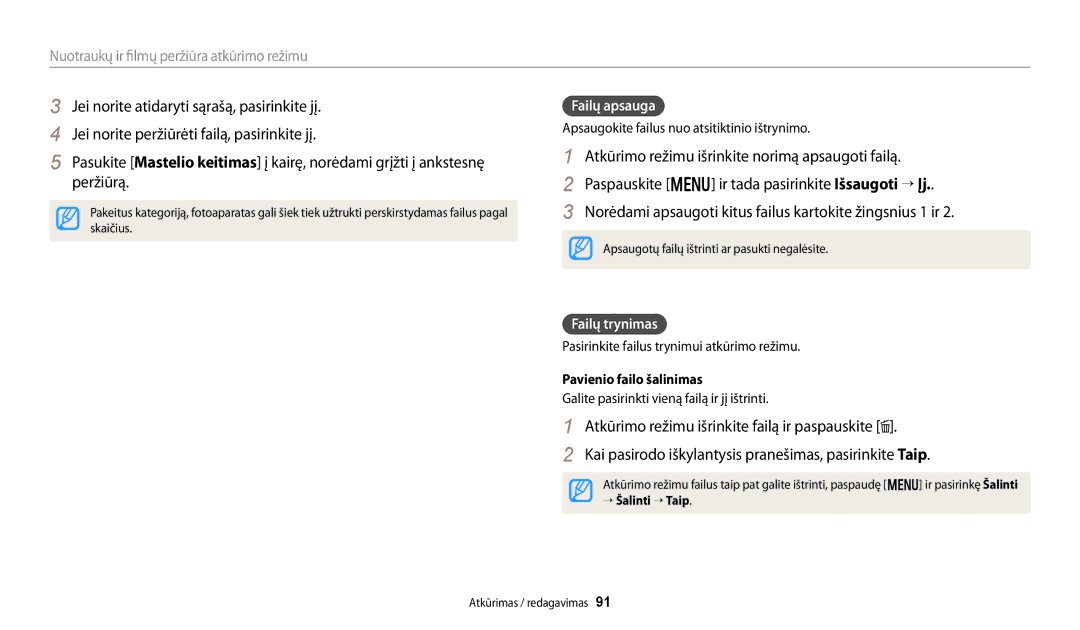 Samsung EC-WB250FFPWE2, EC-WB250FBPBE2, EC-WB250FBPWE2 manual Failų apsauga, Failų trynimas, Pavienio failo šalinimas 