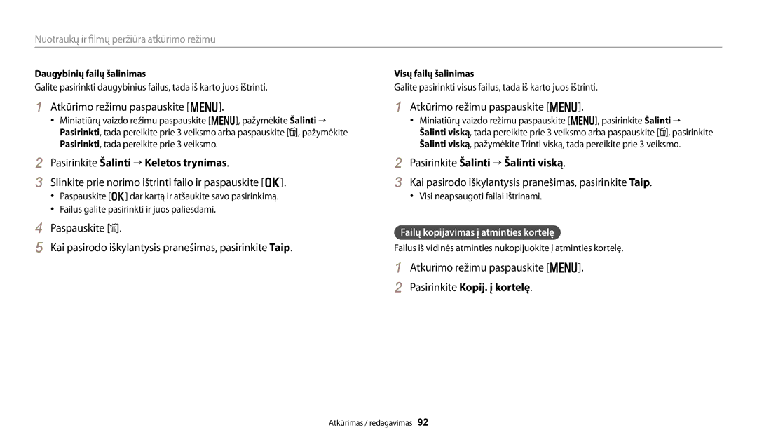 Samsung EC-WB250FFPBE2 Atkūrimo režimu paspauskite m, Pasirinkite Šalinti “ Keletos trynimas, Pasirinkite Kopij. į kortelę 