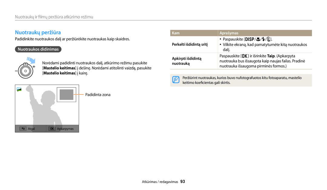 Samsung EC-WB250FBPRE2, EC-WB250FBPBE2, EC-WB250FBPWE2 manual Nuotraukų peržiūra, Nuotraukos didinimas, Kam Aprašymas 