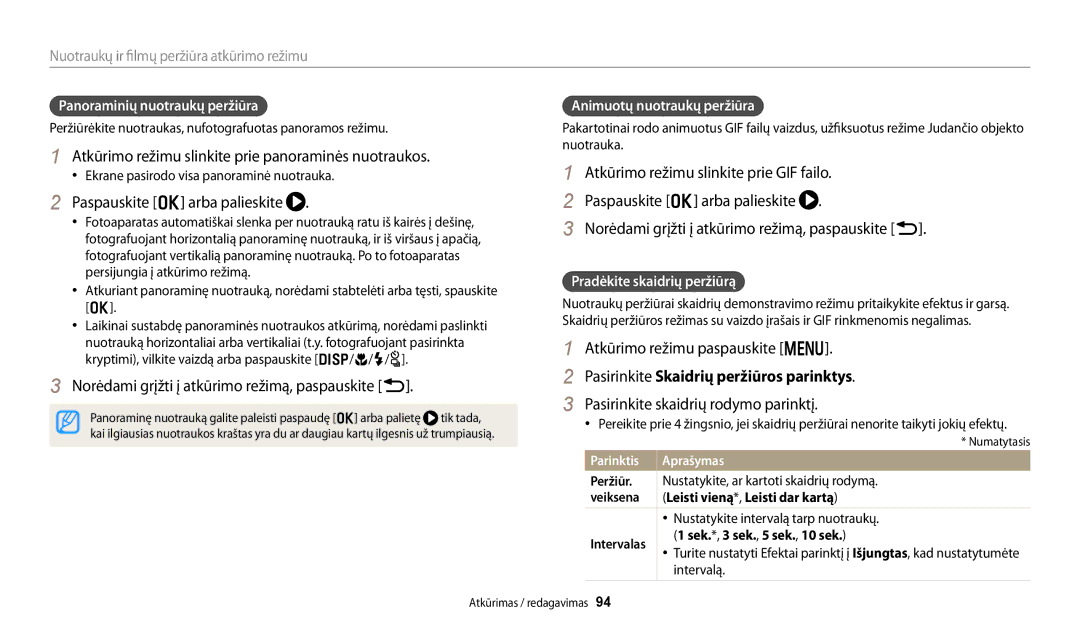 Samsung EC-WB250FFPRE2, EC-WB250FBPBE2 Atkūrimo režimu slinkite prie panoraminės nuotraukos, Paspauskite o arba palieskite 