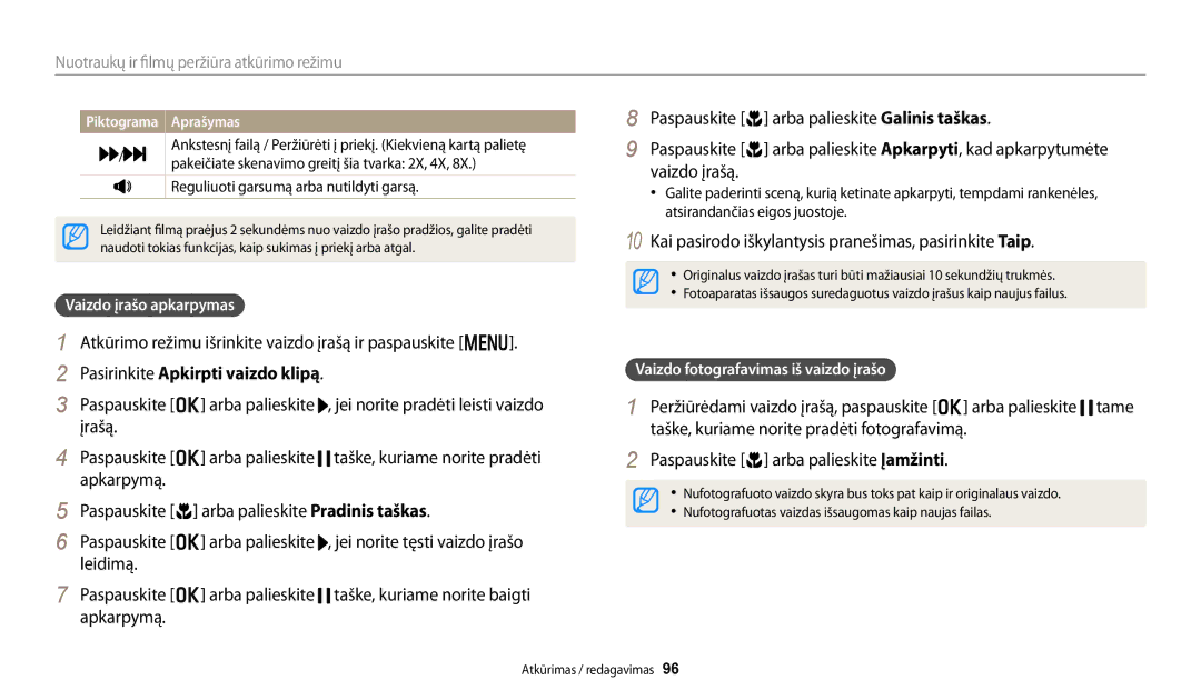 Samsung EC-WB250FBPWE2 manual Atkūrimo režimu išrinkite vaizdo įrašą ir paspauskite m, Pasirinkite Apkirpti vaizdo klipą 