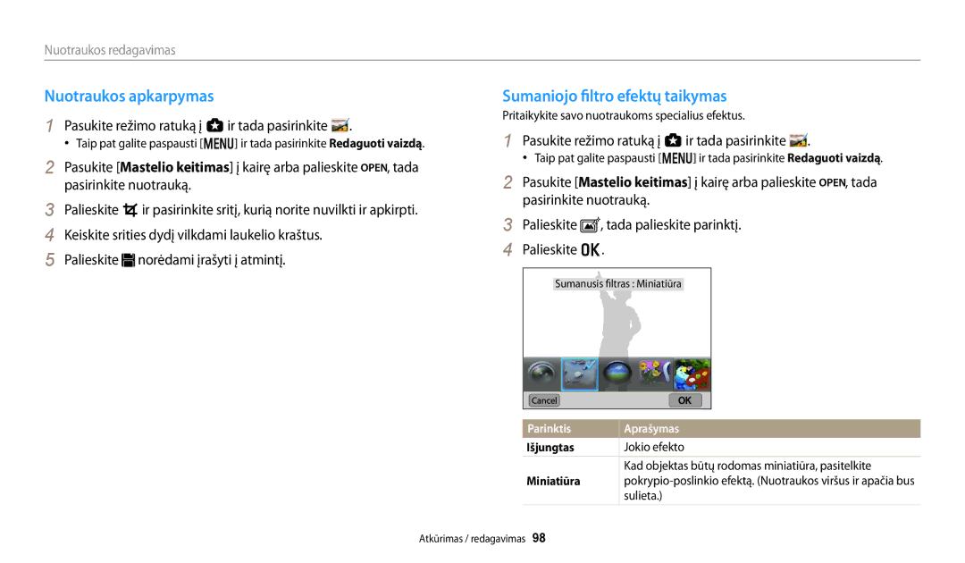 Samsung EC-WB250FFPBE2, EC-WB250FBPBE2, EC-WB250FBPWE2 manual Nuotraukos apkarpymas, Sumaniojo filtro efektų taikymas 