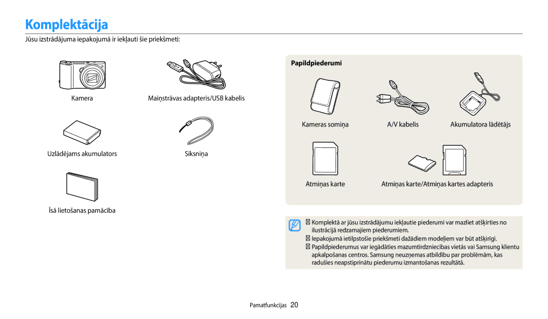 Samsung EC-WB250FFPBE2, EC-WB250FBPBE2, EC-WB250FBPWE2, EC-WB250FFPWE2, EC-WB250FBPRE2 manual Komplektācija, Papildpiederumi 