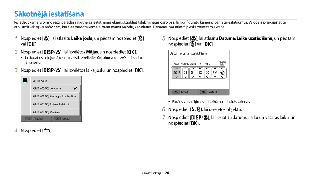 Samsung EC-WB250FFPBE2 Sākotnējā iestatīšana, Nospiediet D/c, lai izvēlētos laika joslu, un nospiediet o, Nospiediet b 