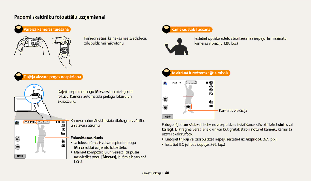 Samsung EC-WB250FFPRE2 Pareiza kameras turēšana, Daļēja aizvara pogas nospiešana, Kameras stabilizēšana, Fokusēšanas rāmis 
