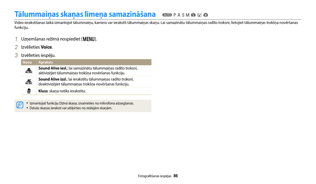 Samsung EC-WB250FFPBE2 manual Tālummaiņas skaņas līmeņa samazināšana T p a h M s i g, Kluss skaņa netiks ierakstīta 