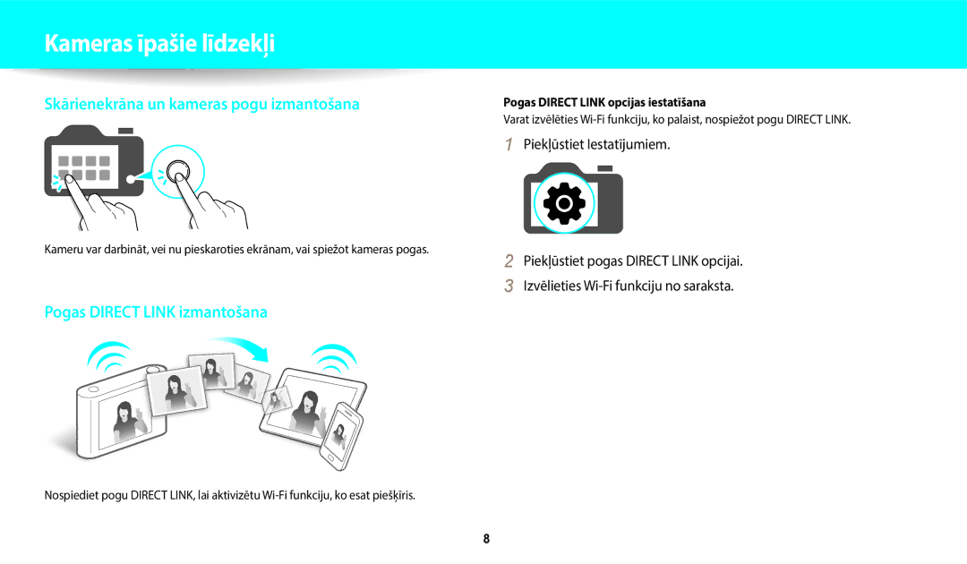 Samsung EC-WB250FFPBE2, EC-WB250FBPBE2, EC-WB250FBPWE2 manual Kameras īpašie līdzekļi, Pogas Direct Link opcijas iestatīšana 