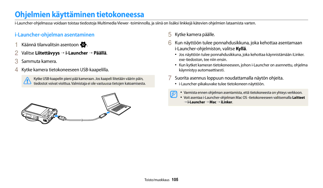 Samsung EC-WB252FBDWE2, EC-WB250FBPBE2, EC-WB250FBPWE2 Ohjelmien käyttäminen tietokoneessa, Launcher-ohjelman asentaminen 