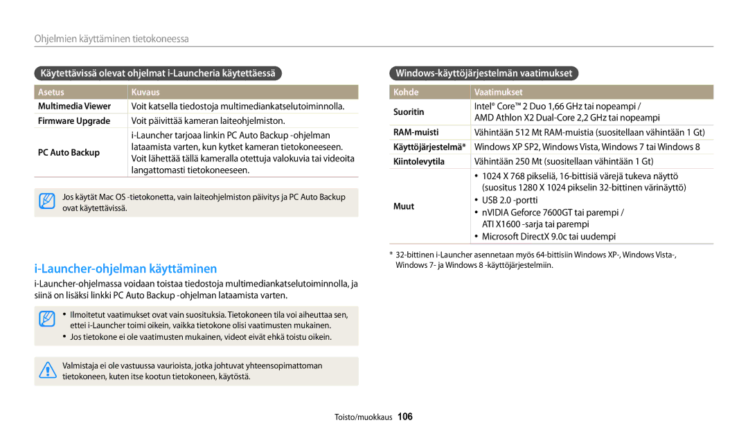 Samsung EC-WB250FBPAE2 manual Launcher-ohjelman käyttäminen, Käytettävissä olevat ohjelmat i-Launcheria käytettäessä 