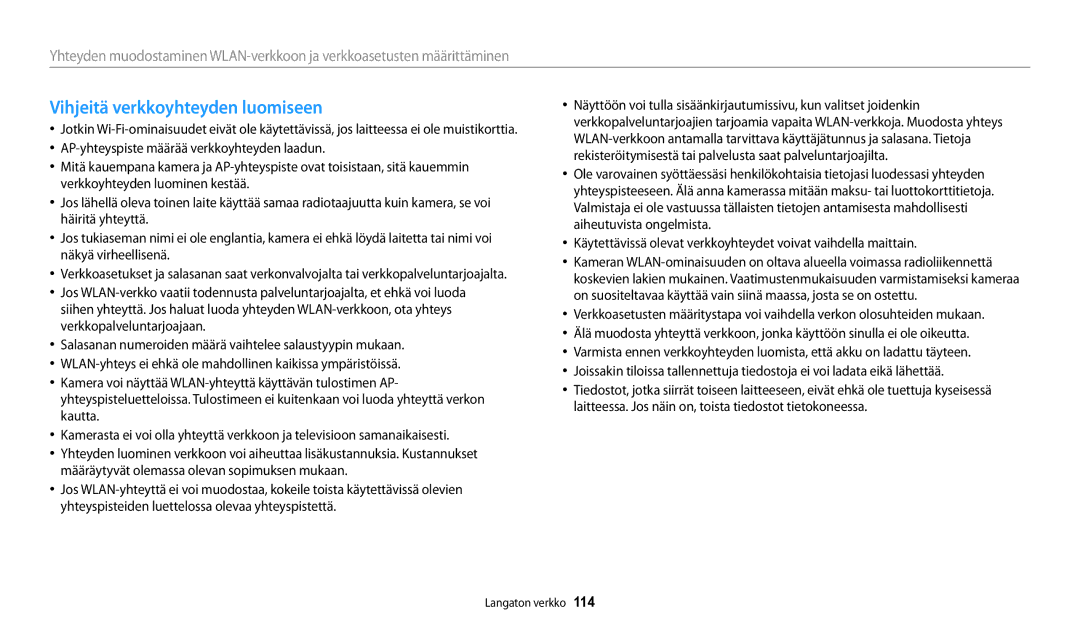 Samsung EC-WB252FBDWE2, EC-WB250FBPBE2, EC-WB250FBPWE2, EC-WB252FFDWE2, EC-WB250FFPWE2 manual Vihjeitä verkkoyhteyden luomiseen 