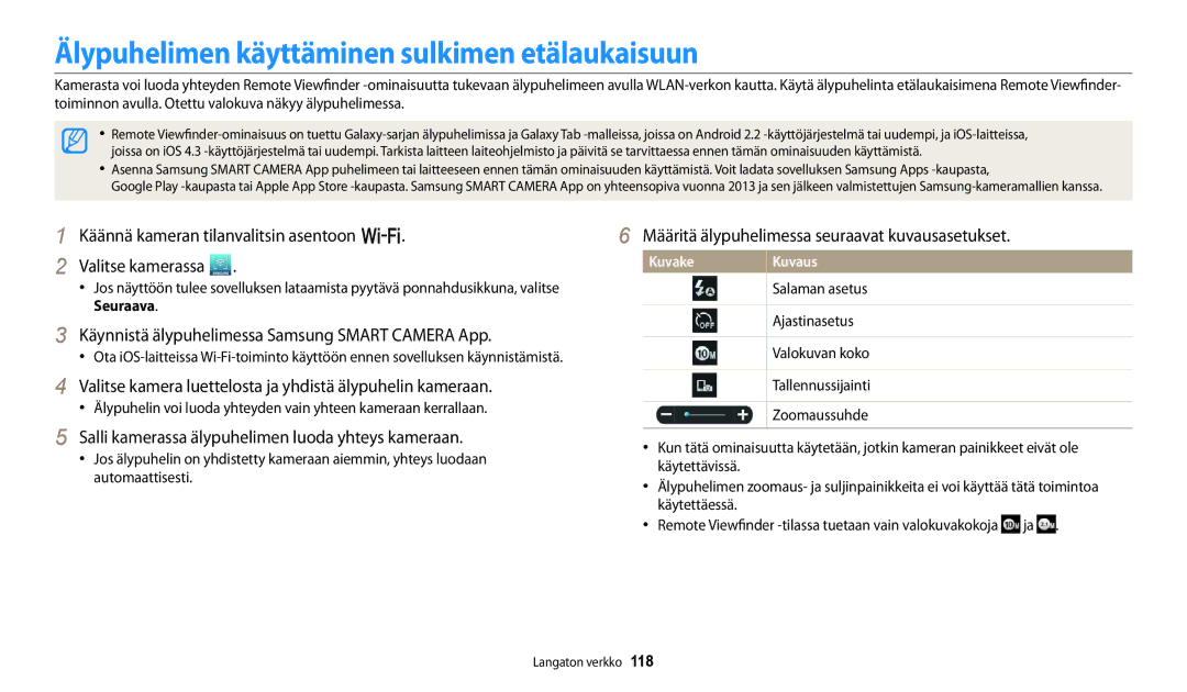 Samsung EC-WB252FFDWE2 Älypuhelimen käyttäminen sulkimen etälaukaisuun, Määritä älypuhelimessa seuraavat kuvausasetukset 