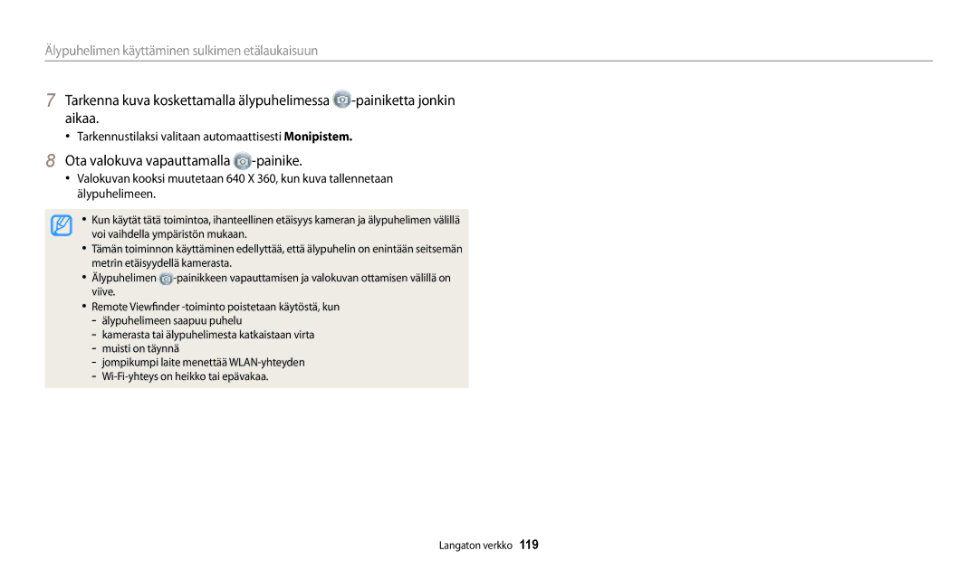 Samsung EC-WB250FFPWE2 manual Ota valokuva vapauttamalla -painike, Tarkennustilaksi valitaan automaattisesti Monipistem 