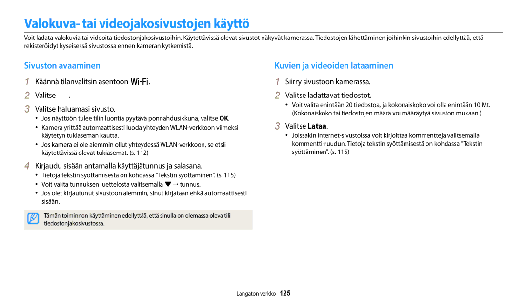 Samsung EC-WB250FBPBE2 manual Valokuva- tai videojakosivustojen käyttö, Sivuston avaaminen, Kuvien ja videoiden lataaminen 