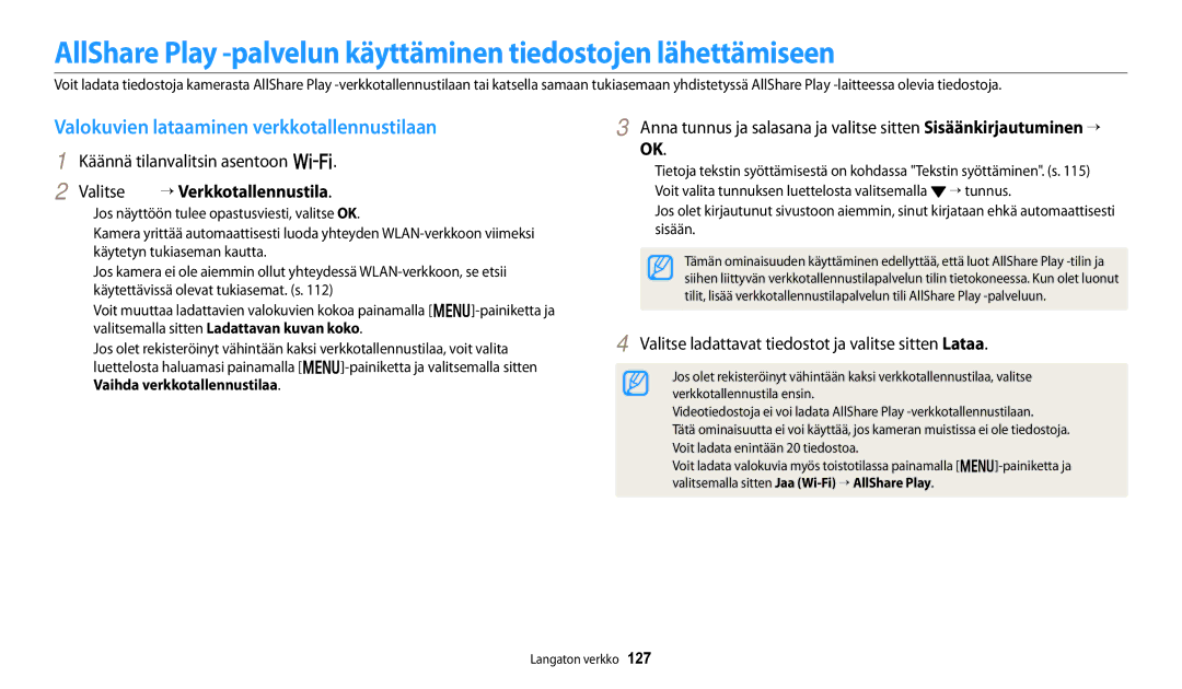 Samsung EC-WB252FFDWE2, EC-WB250FBPBE2 manual Valokuvien lataaminen verkkotallennustilaan, Käännä tilanvalitsin asentoon w 