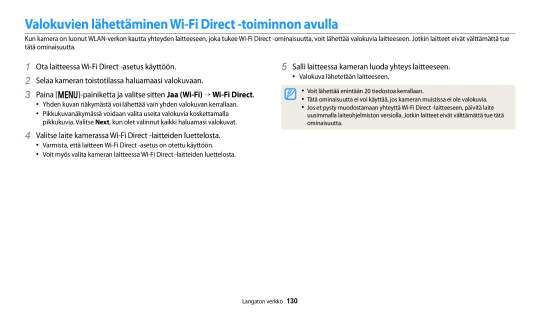 Samsung EC-WB250FFPBE2 manual Valokuvien lähettäminen Wi-Fi Direct -toiminnon avulla, Valokuva lähetetään laitteeseen 