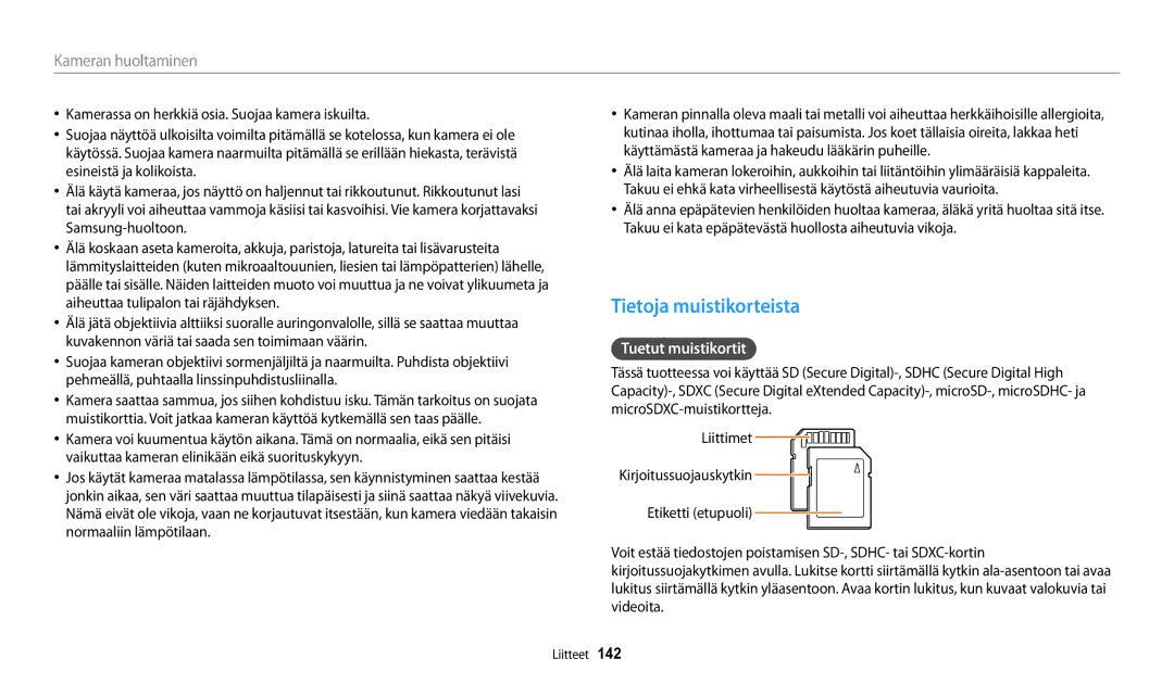 Samsung EC-WB250FBPAE2, EC-WB250FBPBE2, EC-WB250FBPWE2, EC-WB252FFDWE2 manual Tietoja muistikorteista, Tuetut muistikortit 