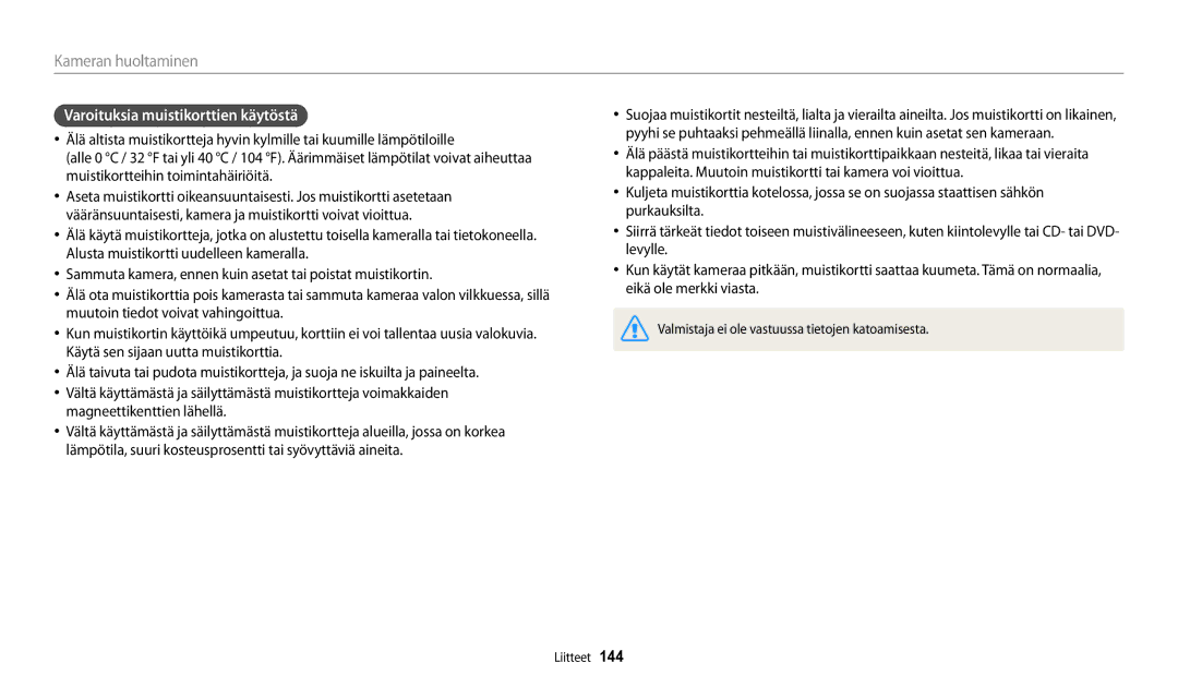 Samsung EC-WB250FBPWE2, EC-WB250FBPBE2, EC-WB252FFDWE2, EC-WB250FFPWE2, EC-WB250FFPAE2 Varoituksia muistikorttien käytöstä 