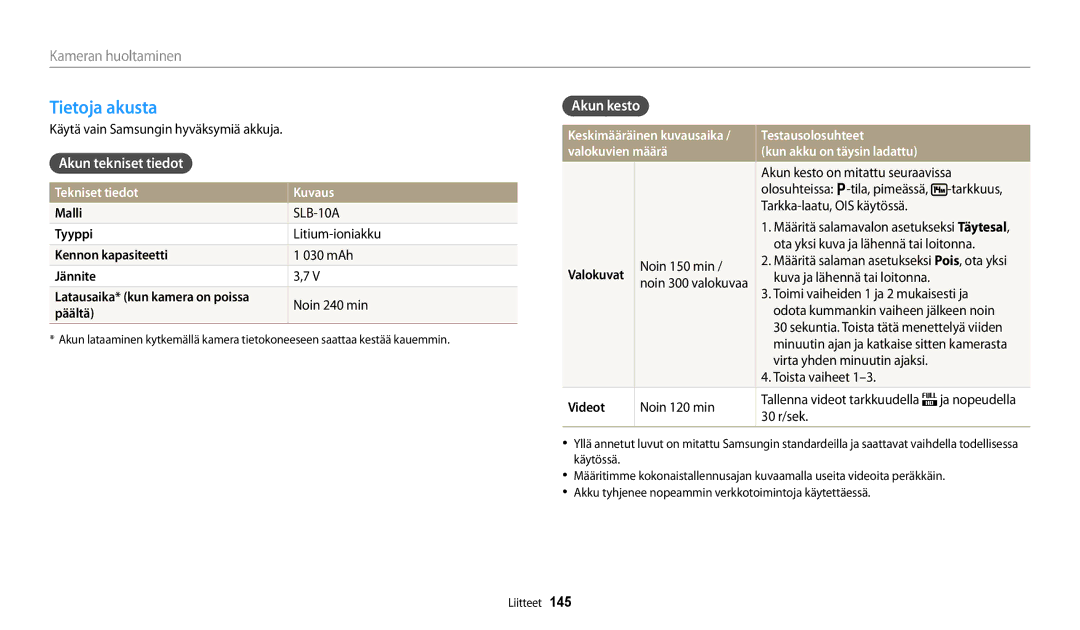 Samsung EC-WB252FFDWE2, EC-WB250FBPBE2 manual Tietoja akusta, Akun tekniset tiedot, Akun kesto, Tekniset tiedot Kuvaus 