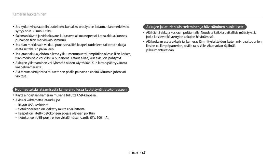 Samsung EC-WB250FFPAE2, EC-WB250FBPBE2, EC-WB250FBPWE2, EC-WB252FFDWE2, EC-WB250FFPWE2, EC-WB250FFPBE2 Kameran huoltaminen 