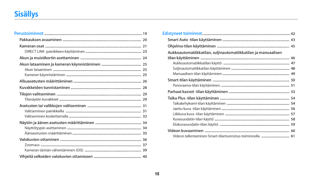 Samsung EC-WB252FBDWE2, EC-WB250FBPBE2, EC-WB250FBPWE2, EC-WB252FFDWE2 manual Sisällys, Direct Link -painikkeen käyttäminen 