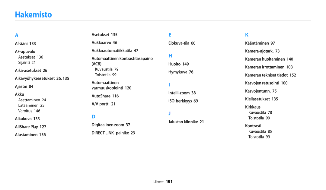 Samsung EC-WB250FBPBE2 manual Hakemisto, Asetukset Sijainti, Asettaminen Lataaminen Varoitus, Kuvaustila Toistotila 