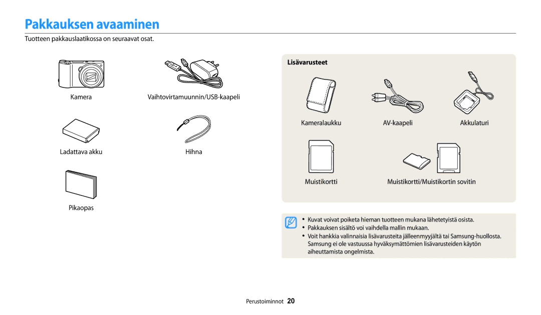 Samsung EC-WB250FFPWE2, EC-WB250FBPBE2, EC-WB250FBPWE2, EC-WB252FFDWE2, EC-WB250FFPAE2 Pakkauksen avaaminen, Lisävarusteet 