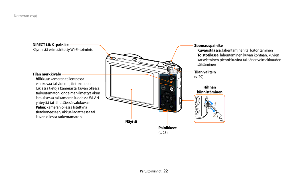 Samsung EC-WB250FFPBE2 Direct Link -painike, Käynnistä esimääritetty Wi-Fi-toiminto, Tilan merkkivalo, Zoomauspainike 