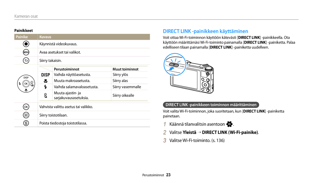 Samsung EC-WB252FBDBE2 Direct Link -painikkeen käyttäminen, Käännä tilanvalitsin asentoon n, Valitse Wi-Fi-toiminto. s 