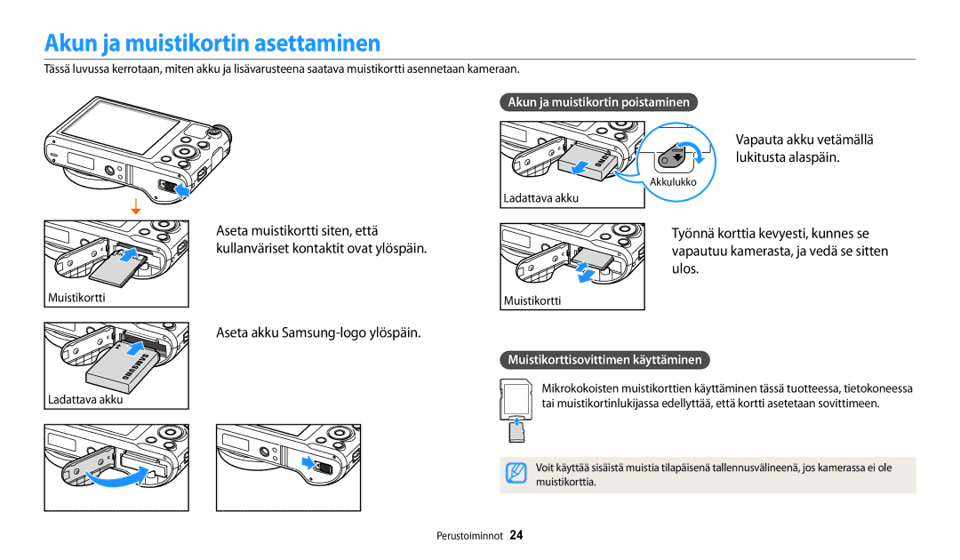 Samsung EC-WB252FBDWE2, EC-WB250FBPBE2, EC-WB250FBPWE2 Akun ja muistikortin asettaminen, Aseta akku Samsung-logo ylöspäin 