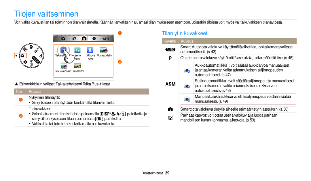 Samsung EC-WB250FFPWE2, EC-WB250FBPBE2, EC-WB250FBPWE2, EC-WB252FFDWE2 manual Tilojen valitseminen, Tilanäytön kuvakkeet, Nro 